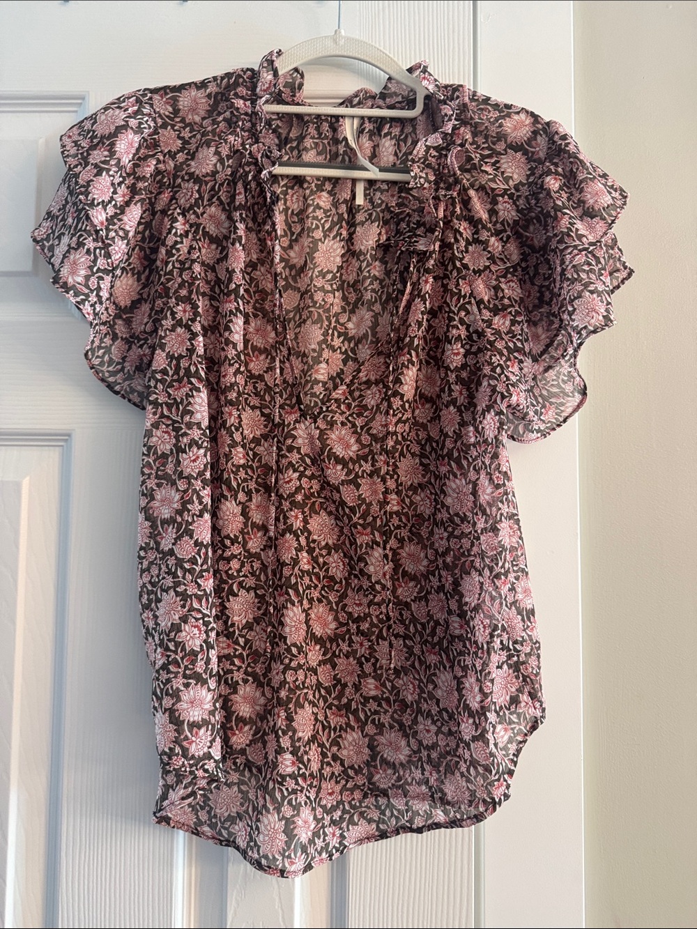 Anthropologie Black Sheer Blouse with Pink Floral Print